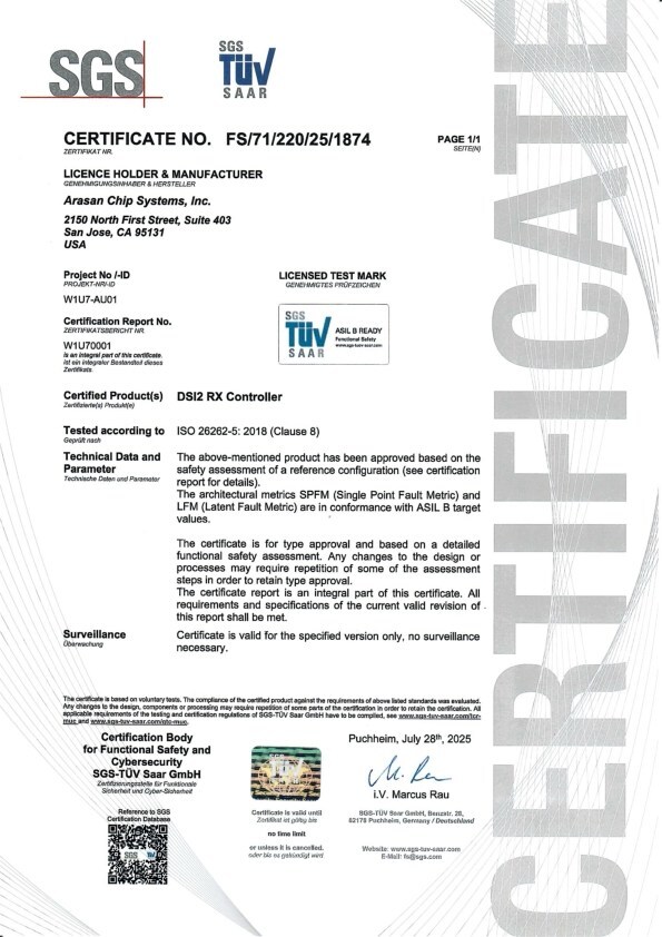 Arasan MIPI DSI-2 Rx Controller achieves ISO 26262 ASIL-B Certification